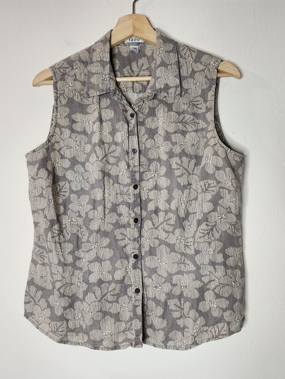 Izod Womens Large Button Sleeveless Vest Top Linen Cotton Floral Gray Tan